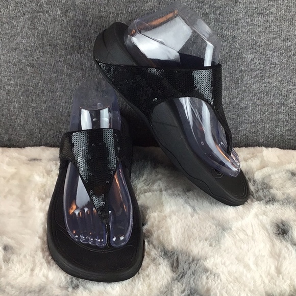 Fit Flop Glam Slide Sandal Black Sequined Shimmerlux Toe Post Sz 8 - Picture 1 of 8